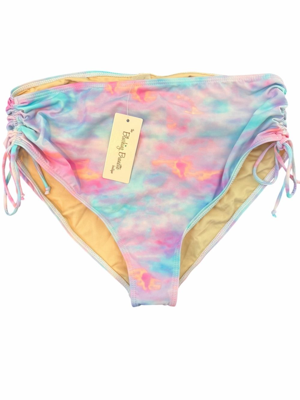 Blushing Brunette Ruched Tie Sides Pastel Rainbow Tie-Dye Bikini Bottom Women XL